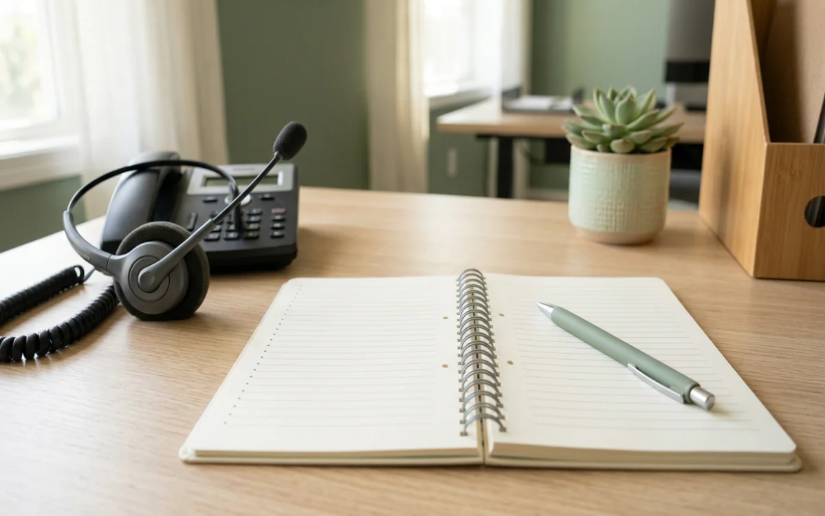 Headset und Notizblock mit Stichpunkten für Schadenmeldung, 1200x750 Pixel