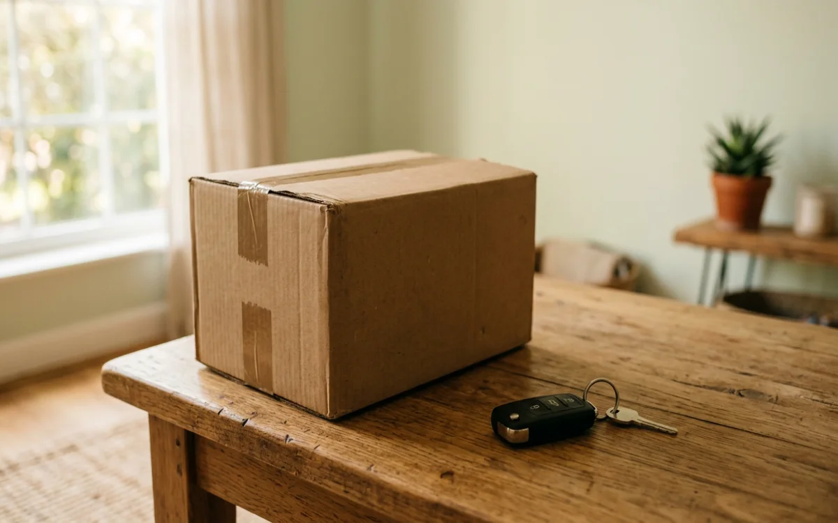 Umzugskarton und Fahrzeugschlüssel auf einem Tisch, warmes Licht, 1200x750 Pixel