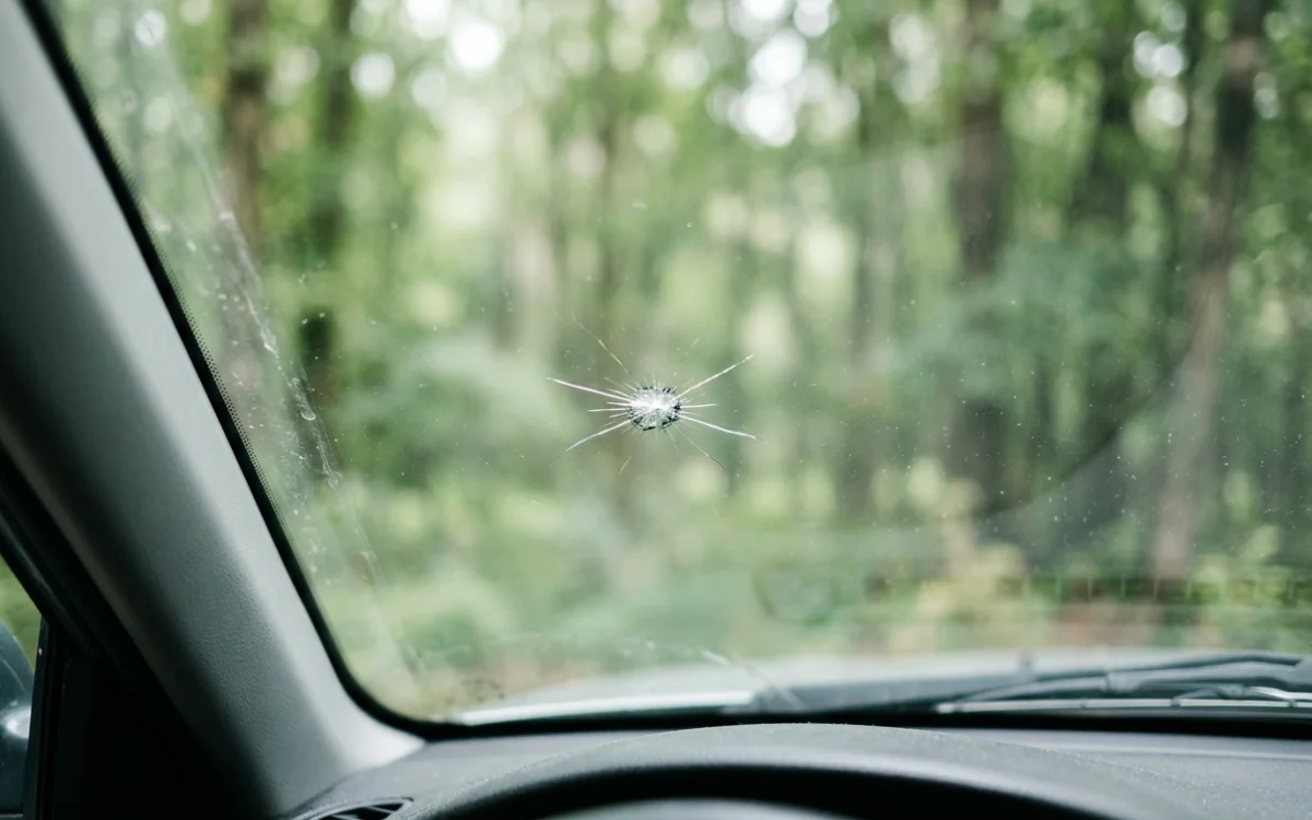 Nahaufnahme Windschutzscheibe mit Riss und unscharfem Wald im Hintergrund, 1200x750 Pixel