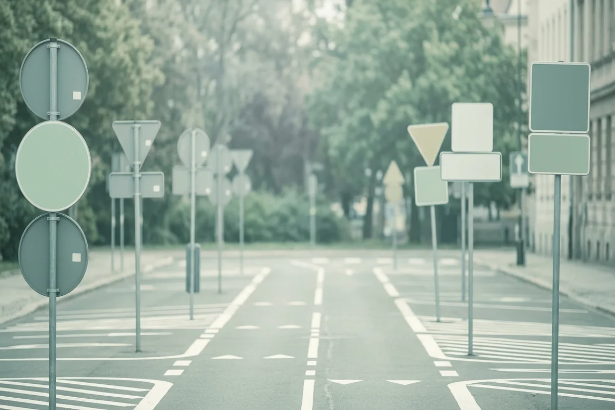 Verkehrsraum mit Lichtverhältnissen und Hinweisschildern im Bildausschnitt, 1200x800 Pixel
